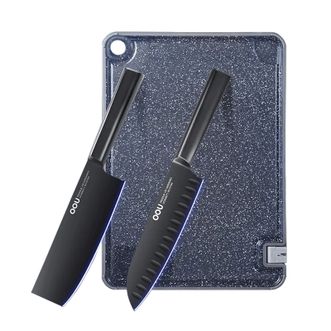 OOU  厨房砧板刀具3件套  黑刃菜刀*1+厨师刀*1+砧板/大号*1  菜刀厨师刀刀具砧板案板切菜刀切菜板厨房用品