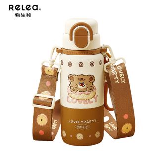 物生物（RELEA）  正品 萌豆保温杯吸管水杯500ML（背带款）316L不锈钢-甜甜小熊棕色0500-IS