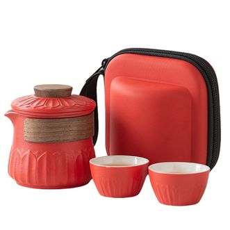 宏裕  元宝茶具福袋-红色 1茶壶2茶杯+收纳包 陶瓷喝茶泡茶具收纳茶具 自带滤胆茶水分离冲茶具