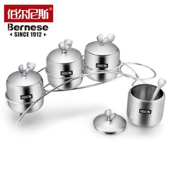 伯尔尼斯 厨艺四味罐 家用不锈钢调味罐调料罐佐料盒带支架 BENS-282