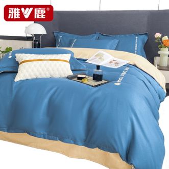 雅鹿  【四件套】亲肤裸睡水洗棉刺绣双人床单被套枕套床上用品【宾利蓝】