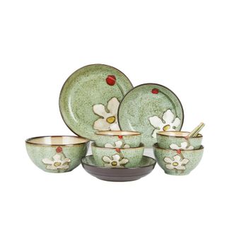 玉泉  韩式碗碟餐具套装  10头浅绿色  家用陶瓷碗盘勺餐具用品