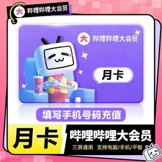 哔哩哔哩大会员  30天月卡bilibili大会员 B站VIP 手机号充值