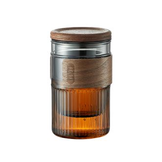物生物（RELEA)茗雅玻璃杯胡桃木360ML男女士通用茶水分离个人专用水杯带盖JV012226-0360-SM