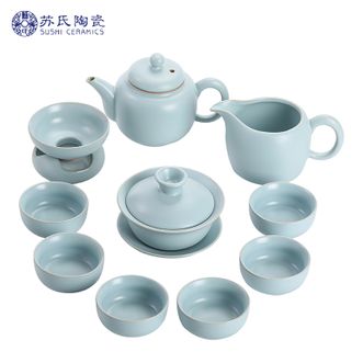 苏氏陶瓷/SUSHI CERAMICS  汝窑茶具套装可开片可养的汝瓷三才盖碗功夫茶杯泡茶壶茶具礼盒装