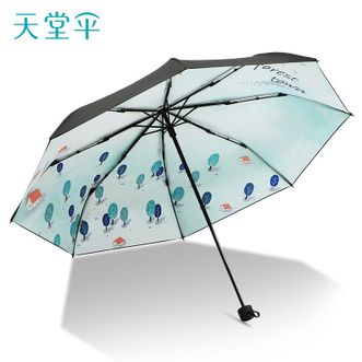 天堂伞  三折黑胶遮阳伞 8骨防晒防紫外线太阳伞 小巧便携折叠伞 男女两用晴雨伞 （森林小镇）