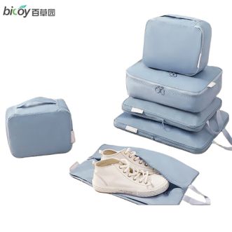 百草园bicoy  旅行收纳袋6件套 行李箱衣服内衣裤整理包 压缩旅游衣物鞋子出行出差分装袋子 （雾霾蓝）