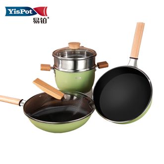 易铂yispot 莫兰迪三件套锅22m蒸锅+26cm煎锅+32cm不粘蜂窝炒锅 YP-9058