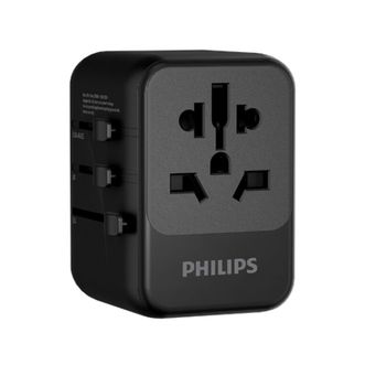 飞利浦/Philips  全球通用转换插头万能多国旅行插座转换器 适用欧洲/英国/港澳/美国/日本/马来西亚国外出国转换头 【20W欧英美澳通用】2A+1C-黑色