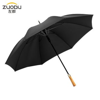 左都/ZUODU  英伦男士雨伞 长柄伞大号双人直柄伞 暴雨防风伞-商务黑-原木长柄
