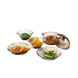 青苹果  欧式家用玻璃茶色五件套 碗盘碟套装 耐热泡面碗餐具  玻璃煲+深盘2只+双耳碗2只