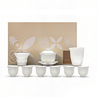 祥业  羊脂玉瓷玲珑雅白缠莲茶具  盖碗六杯9件套  陶瓷盖碗茶杯茶具