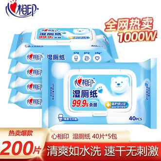 心相印  湿厕纸 40片*5包  温和洁净私处清洁湿厕纸 家用卫生湿手纸厕纸