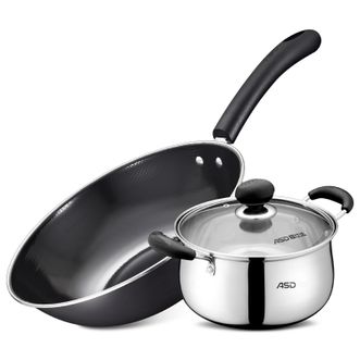 爱仕达（ASD）  杰庆两件套锅精铁30cm炒锅+不锈钢20cm汤锅套装SN02CT2