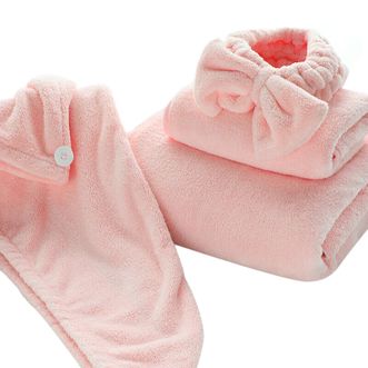 洁丽雅/Grace  浴巾可爱女家用成人吸水裹巾速干毛巾浴巾干发帽束发带藕粉四件套w0499藕粉