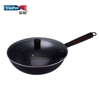 易铂  奥贝德炒锅32cm 炒锅家用厨房烹饪炒菜精铁铁锅木柄鱼鳞纹炒锅YP-7026