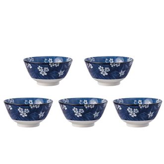 美浓烧（Mino Yaki）  日本进口陶瓷饭碗古染蓝绘春樱秋叶多用碗5英寸釉下彩5件套礼盒装