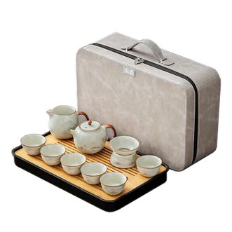 琦轩源  汝窑旅行茶具套装  9件套 茶壶+6杯+茶盘等  家用高档西施壶户外露营泡茶整套