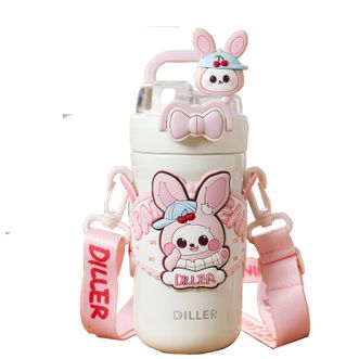 迪乐贝尔/DILLER  保温杯女生高颜值316不锈钢学生儿童可爱双饮吸管水杯子 490ml