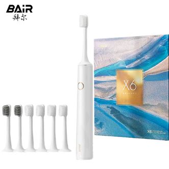 拜尔（BAIR）  声波电动牙刷 全身防水持久续航口腔护理震动杜邦刷头细软刷毛洁牙护牙洁牙器X6（6刷头）白色