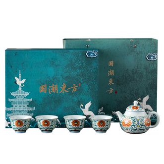 宏裕  国潮东方斗彩系列茶具礼盒-宝莲花 1壶4杯 原矿瓷土茶具 经久耐用茶具泡茶器