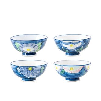 美浓烧（Mino Yaki）  日本原装进口碗手绘山茶花饭碗4件套家用陶瓷餐具