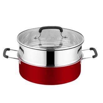 易铂  汤蒸锅 不锈钢两用上蒸下煮蒸锅电磁炉煤气炉通用 28cm YP80-56红色双耳