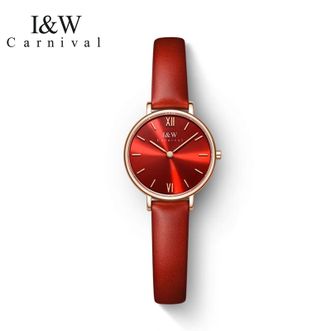 I&amp;W CARNIVAL HWGUOJI  手表 女表 简约时尚小众设计 真皮带 石英表（间金红皮红面）