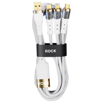  洛克（ROCK）充电线三合一数据线100W/66W快充安卓苹果USB-C多功能一拖三头线适用iPhone14/13华为小米手机车载 白色