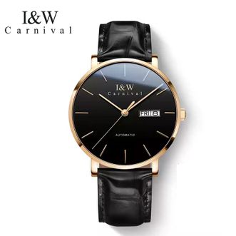 I&amp;W CARNIVAL HWGUOJI  手表 男款 全自动机械腕表 防水商务手表（玫金表壳/蓝色表盘/黑色竹节纹皮带）
