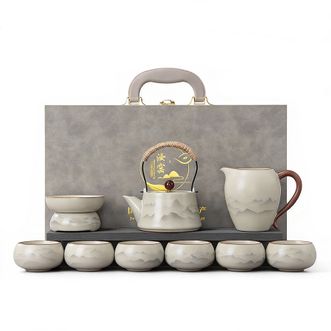 琦轩源  汝窑墨山提梁壶6杯9件套  1茶壶+6杯+1公道杯+1茶漏  家用办公室陶瓷泡茶壶茶杯整套