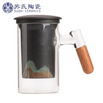 苏氏陶瓷/SUSHI CERAMICS  【千里江山系列-远山直筒玻璃办公杯】手绘釉画彩实木手柄高硼硅玻璃茶杯 过滤内胆办公杯
