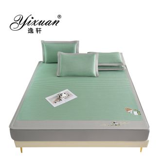 逸轩/yixuan  条纹爱家熊猫冰丝席床笠款三件套 绿色 1.5米床适用