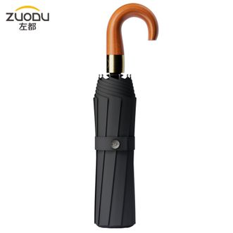 左都/ZUODU  全自动弯钩木柄伞男士大号双人加厚加固抗风暴雨伞女晴雨两用【商务黑】