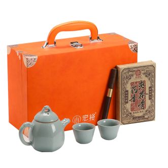 宏裕  龙腾商务皮盒茶与壶5头套装1壶+2杯+1茶刀1药香砖+1礼盒