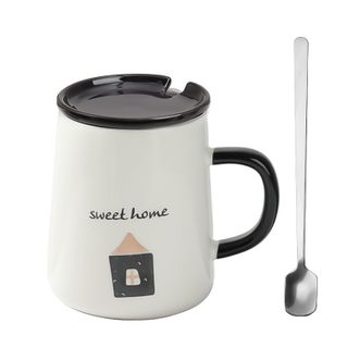 拜杰（BJ）  420ML带盖勺马克杯  咖啡杯陶瓷杯办公室杯子早餐杯水杯  小房屋款