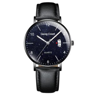 乔治伯爵  星空手表  50米防水保护腕表  G-015  黑壳星空蓝面银钉黑皮带