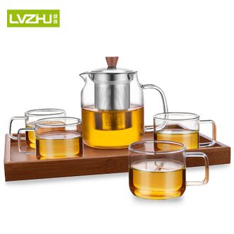 绿珠lvzhu 加厚玻璃泡茶壶套装一壶四杯一茶盘700ml泡茶壶煮茶器加厚耐热耐高温玻璃壶过滤茶壶办公功夫茶杯Q723