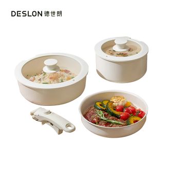 德世朗（DESLON）  知味系列钛陶瓷不粘锅3件套煎炒锅 煎锅 奶锅 可拆卸手柄 保鲜盖*3 DFS-TZ971A-WH/DFS-TZ971A-PK