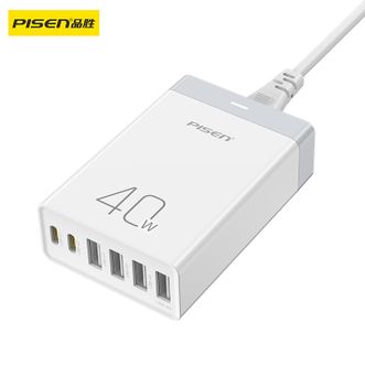品胜/Pisen  40W充电器多口USB插头桌面手机充电头六口type-c适用苹果16/15华为小米oppo安卓pd快充配1.2米电源线