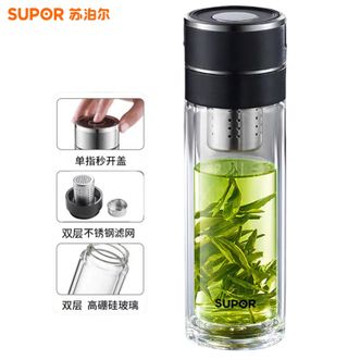 苏泊尔（SUPOR）  一指秒开茶水分离玻璃杯. 350ML容量双层玻璃双层茶仓车载便携式水杯 行砚黑