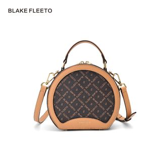 BLAKEFLEETO女包斜挎高级感圆形圆饼包女士印花单肩包手提包-土黄配啡色