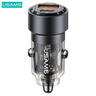 优胜仕(USAMS)PD60W一拖二车载充电器、Type-C+USB双口车充、兼容PD30W苹果15华为荣耀手机笔记本
