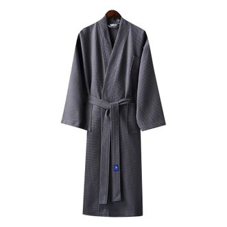 竹一百ZHU100  浴袍棉质吸水浴衣简约家居服华夫格L码睡袍汉服领春夏款c-098