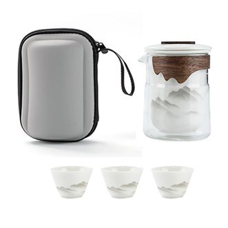 一品仟堂  玻璃旅行茶具2025新款便携式快客收纳包套装户外茶杯一人用泡茶壶 水墨江山-透明(3杯)