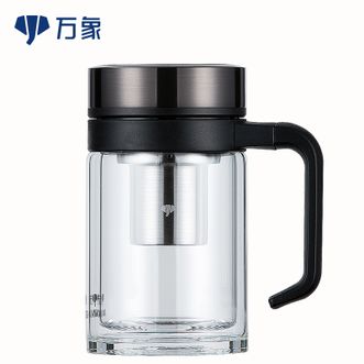 万象  玻璃杯400ml 时尚便携深胡桃色泡茶杯双层手柄杯商务办公带滤网水杯