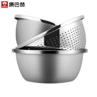 康巴赫（KBH）  不锈钢盆筛三件套加厚沥水篮洗菜盆沙拉盆和面盆调料盆 米筛套装