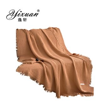 逸轩/yixuan  全棉四层皱皱纱流苏毯 办公室午休民宿装饰盖毯 雅居-焦枣色