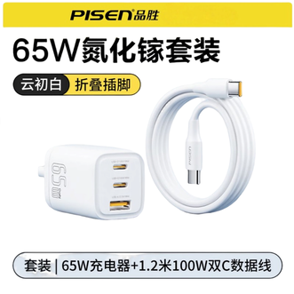 品胜(PISEN)  氮化镓65W充电套装 充电器+1.2米双C数据线套装  白色套装