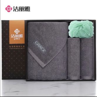 洁丽雅/Grace  丝路传奇浴巾毛巾四件套礼盒A类纯棉加厚礼品盒套装浴巾*1毛巾*2浴球*1纯色方格浴花颜色随机发货 JLYSLCQ